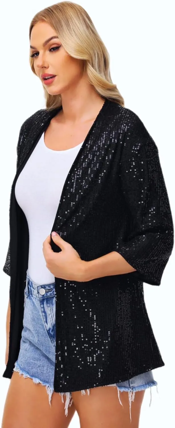 Women's Sequin Cardigan Casual 3/4 Sleeve Shinny Coat Open Front Sparkle Outwear Party Evening Glitter Cardigans