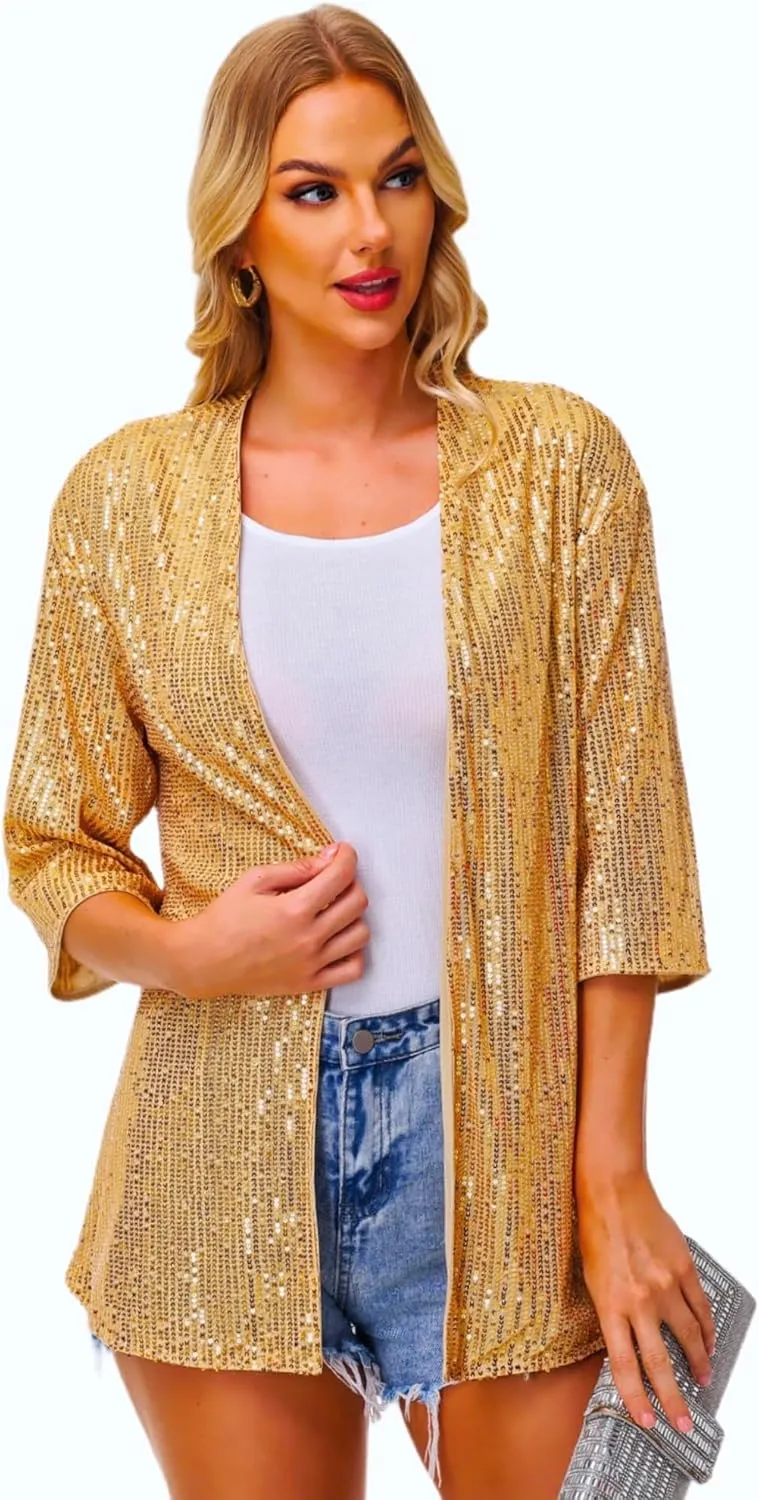 Women's Sequin Cardigan Casual 3/4 Sleeve Shinny Coat Open Front Sparkle Outwear Party Evening Glitter Cardigans