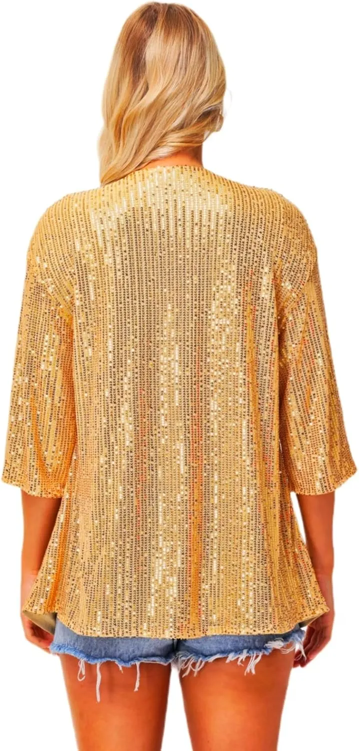 Women's Sequin Cardigan Casual 3/4 Sleeve Shinny Coat Open Front Sparkle Outwear Party Evening Glitter Cardigans