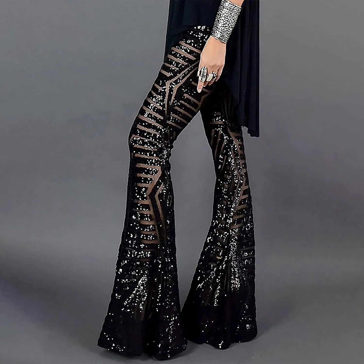 Women's Sexy Metallic Sparkly Wide Leg Pants High Waist Palazzo Lounge Pants Sequin Bell Bottoms Trousers Club Wear