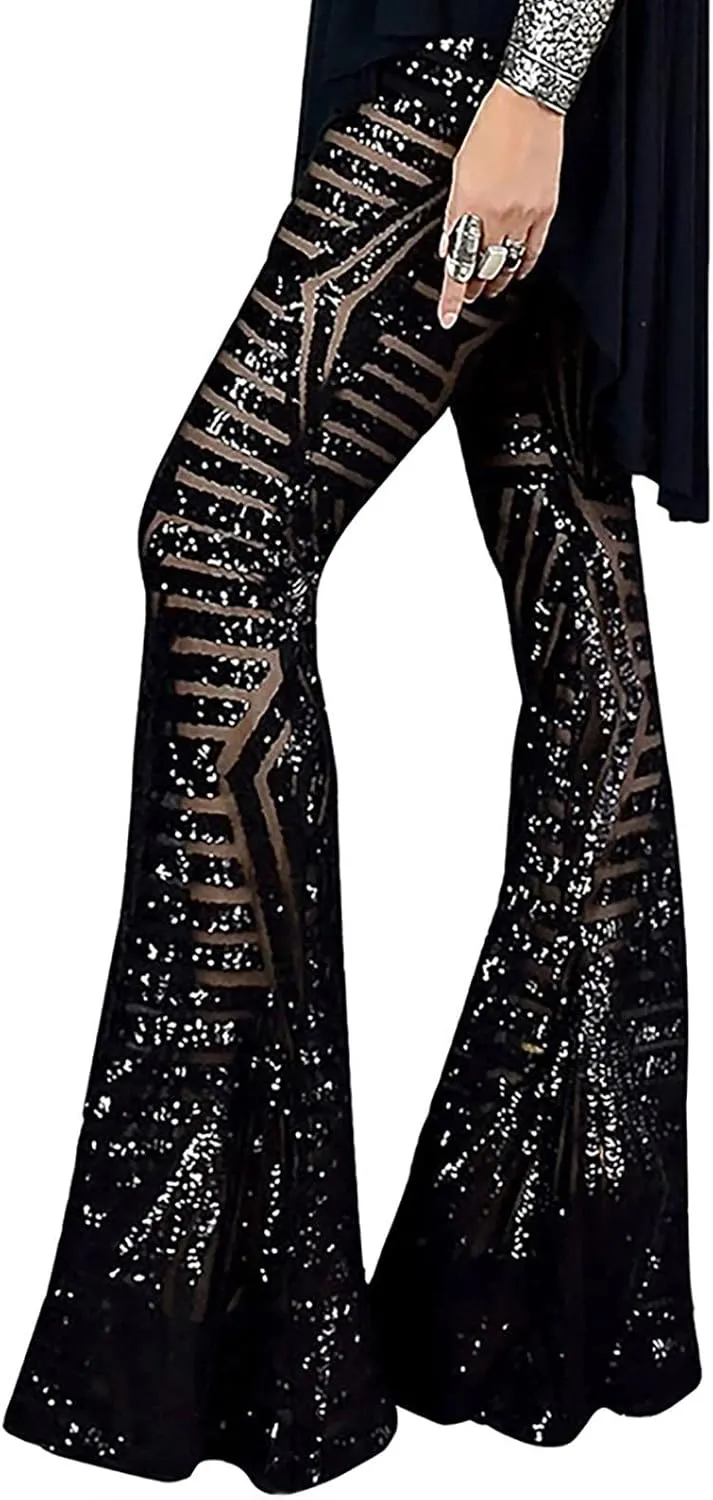 Women's Sexy Metallic Sparkly Wide Leg Pants High Waist Palazzo Lounge Pants Sequin Bell Bottoms Trousers Club Wear