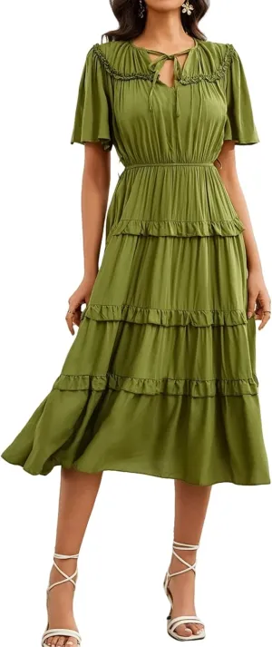 Women's Short Sleeve Summer Casual Pleated Long Ruffle Flowy Dresses with Pockets