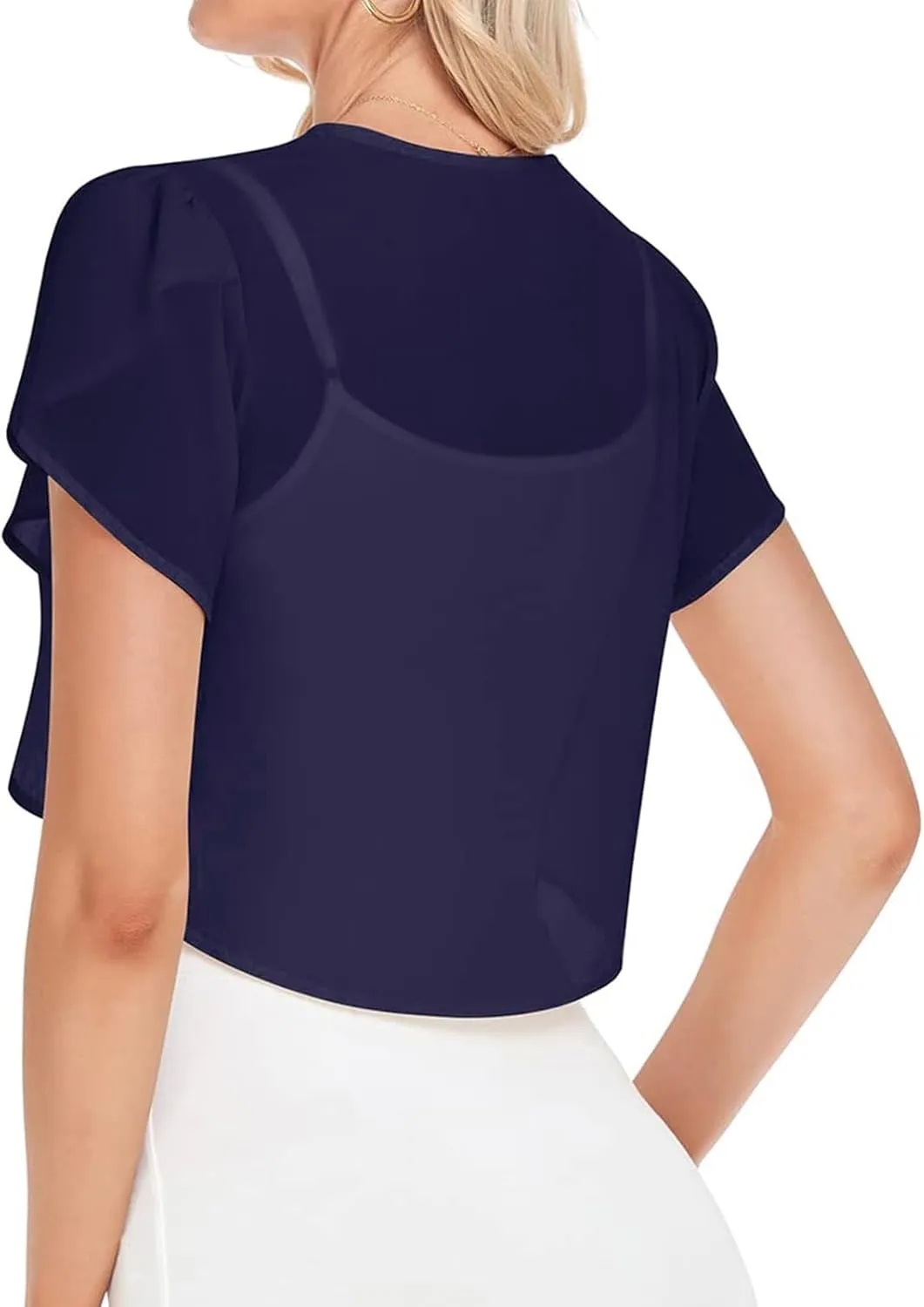 Womens Shrugs Chiffon Cardigans Open Front Sheer Mesh Petal Short Sleeve Bolero Shrug for Evening Dressy