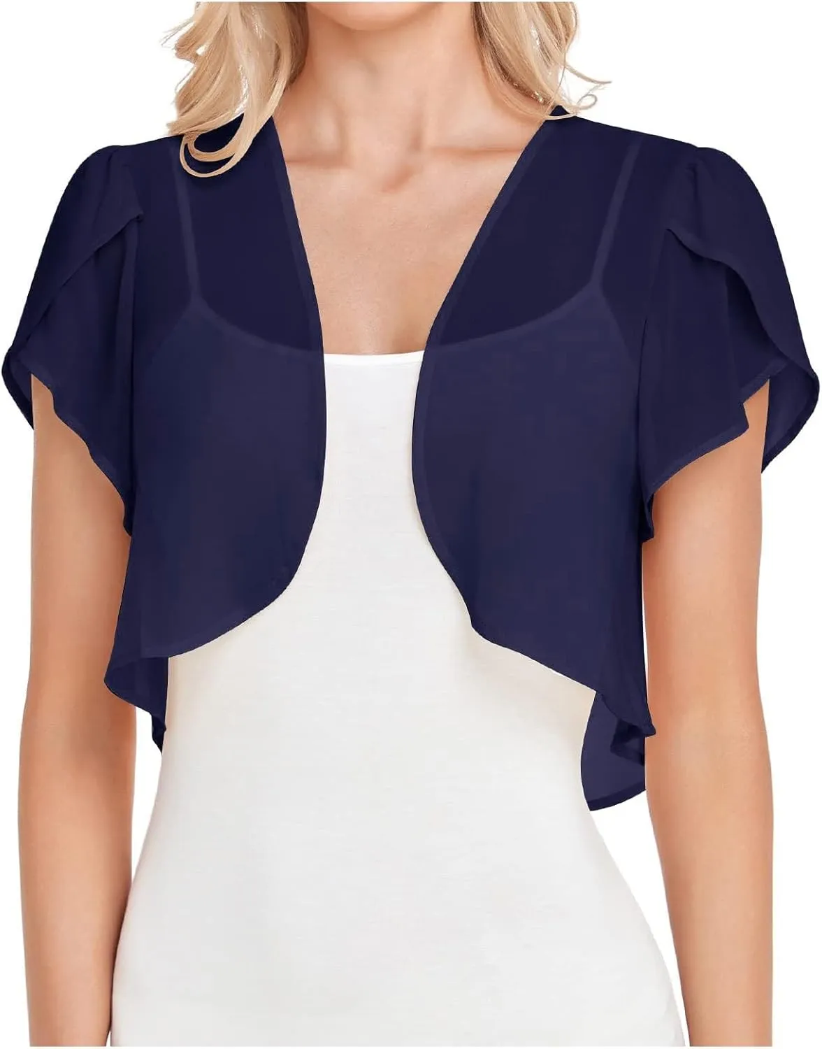 Womens Shrugs Chiffon Cardigans Open Front Sheer Mesh Petal Short Sleeve Bolero Shrug for Evening Dressy
