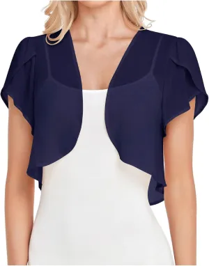 Womens Shrugs Chiffon Cardigans Open Front Sheer Mesh Petal Short Sleeve Bolero Shrug for Evening Dressy