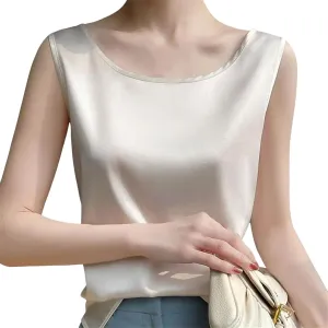 Womens Silk Satin Tank Tops Crew Neck Casual Cami Sleeveless Camisole Blouses Tank Shirt