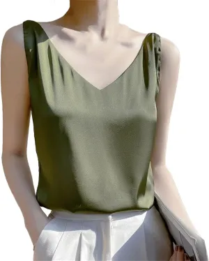 Womens Silk Satin Tank Tops V Neck Casual Cami Sleeveless Camisole Blouses Spring Basic Tank Shirt