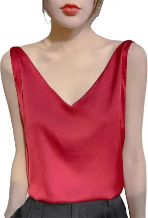 Womens Silk Satin Tank Tops V Neck Casual Cami Sleeveless Camisole Blouses Spring Basic Tank Shirt