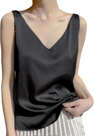 Womens Silk Satin Tank Tops V Neck Casual Cami Sleeveless Camisole Blouses Spring Basic Tank Shirt