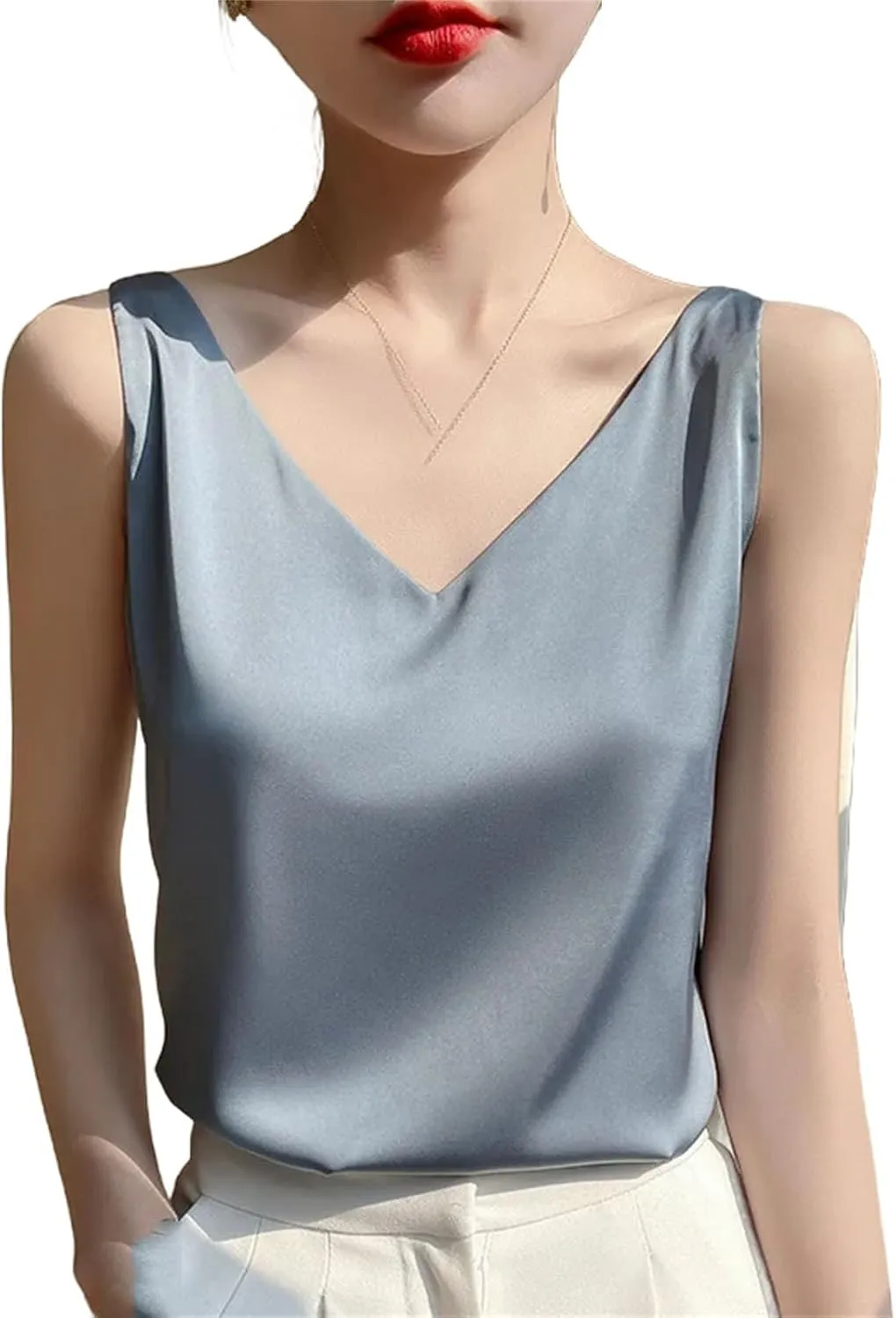 Womens Silk Satin Tank Tops V Neck Casual Cami Sleeveless Camisole Blouses Spring Basic Tank Shirt