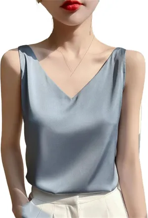 Womens Silk Satin Tank Tops V Neck Casual Cami Sleeveless Camisole Blouses Spring Basic Tank Shirt
