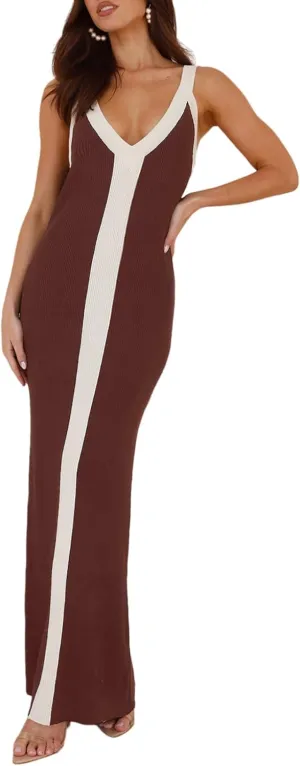 Women's Sleeveless V Neck Contrast Color Block Dress Bodycon Maxi Cocktail Party Dresses