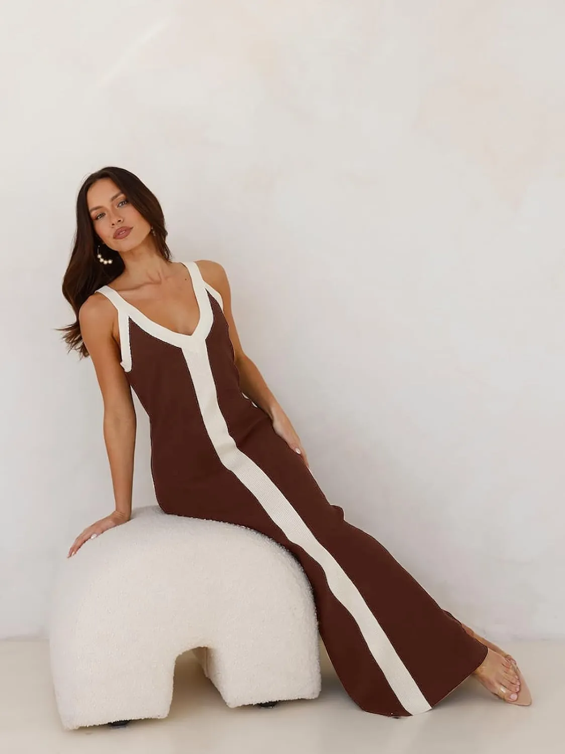 Women's Sleeveless V Neck Contrast Color Block Dress Bodycon Maxi Cocktail Party Dresses