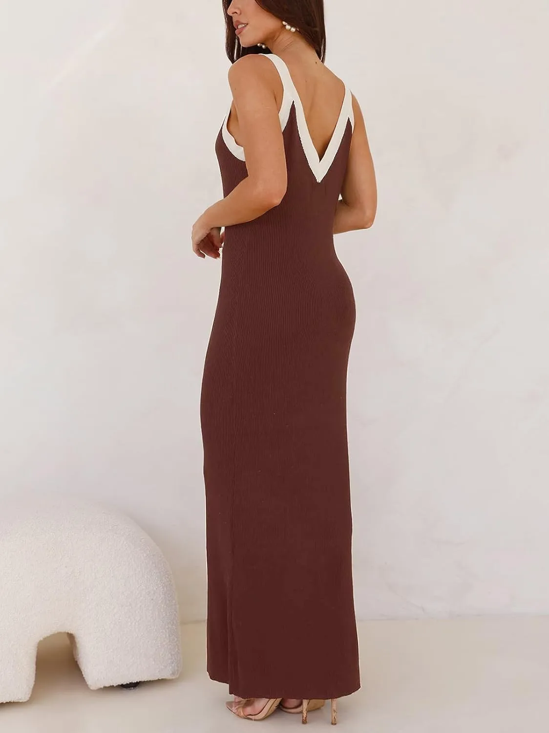 Women's Sleeveless V Neck Contrast Color Block Dress Bodycon Maxi Cocktail Party Dresses