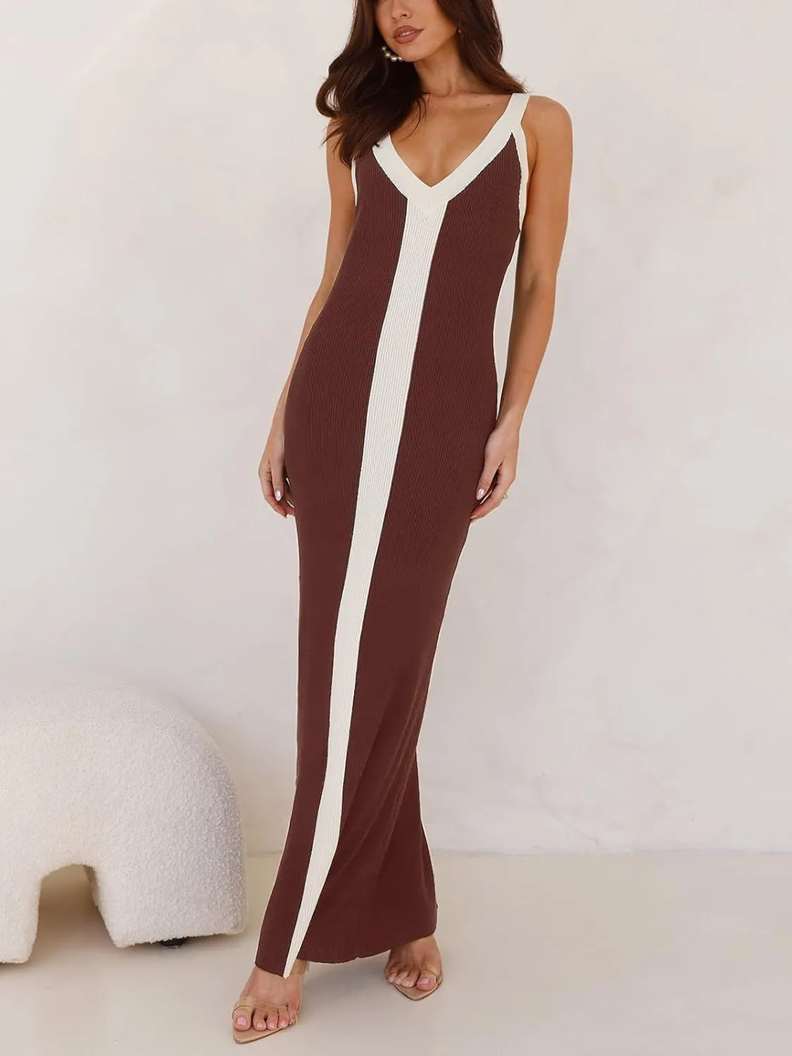 Women's Sleeveless V Neck Contrast Color Block Dress Bodycon Maxi Cocktail Party Dresses