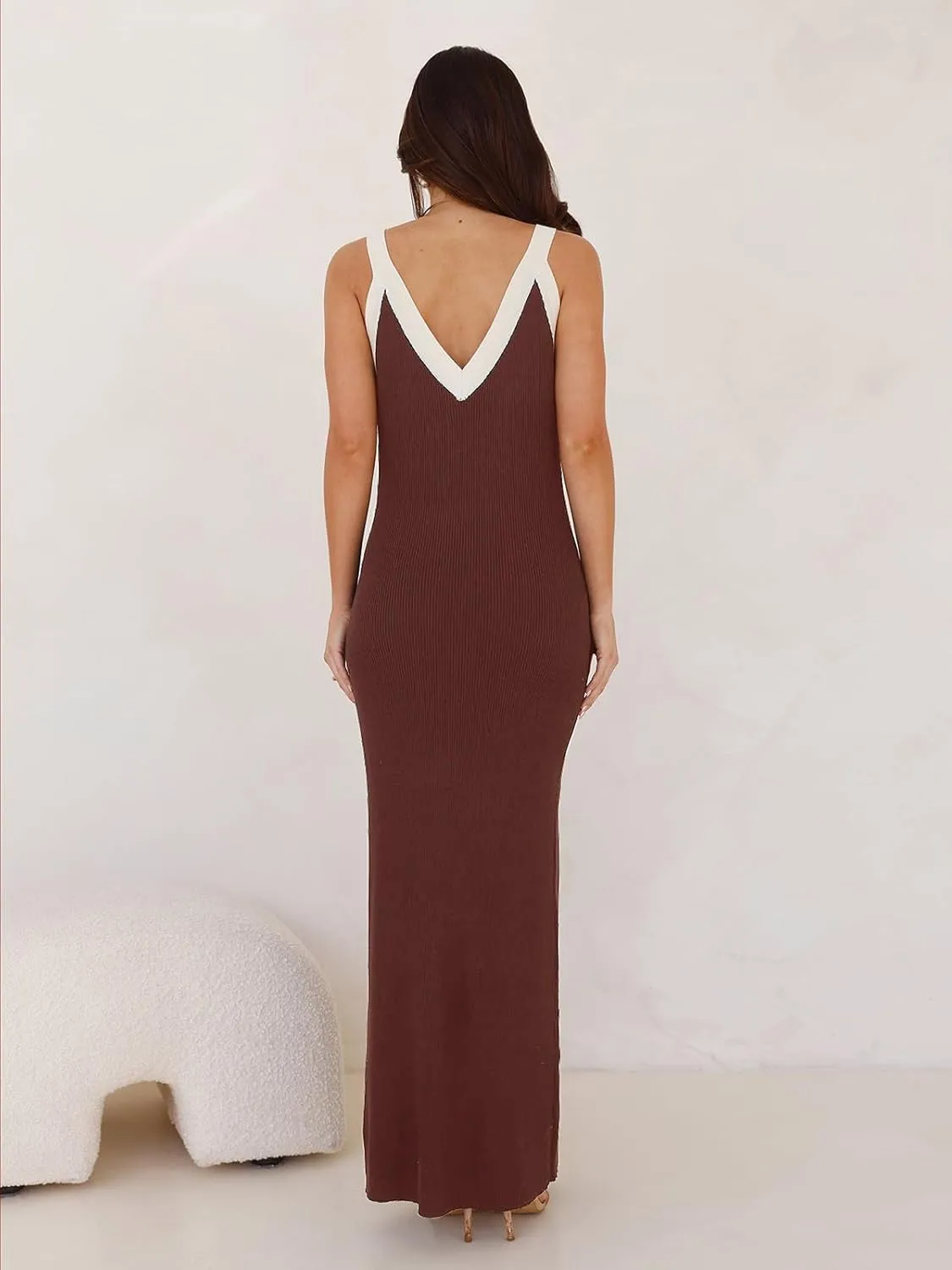 Women's Sleeveless V Neck Contrast Color Block Dress Bodycon Maxi Cocktail Party Dresses