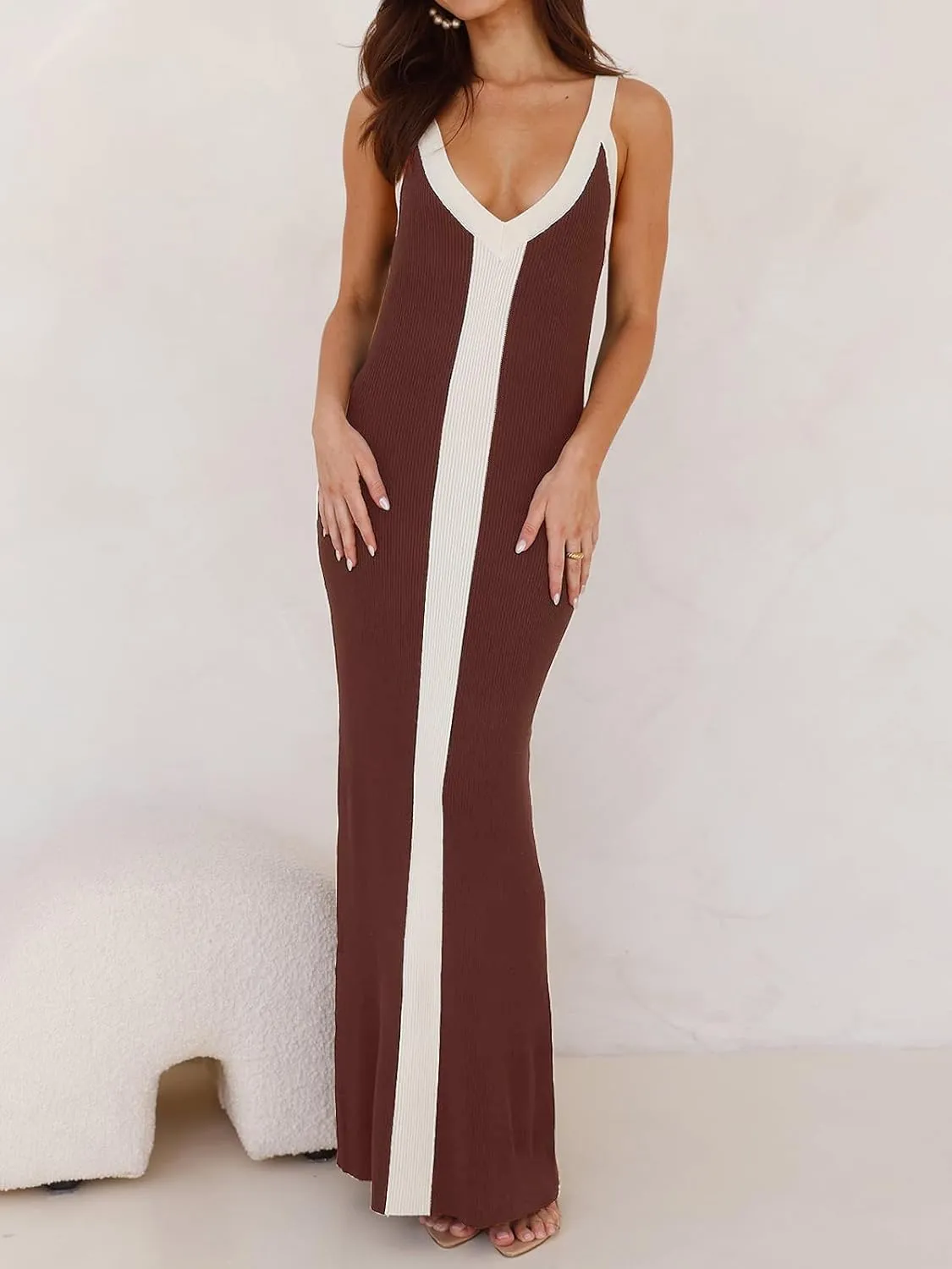 Women's Sleeveless V Neck Contrast Color Block Dress Bodycon Maxi Cocktail Party Dresses