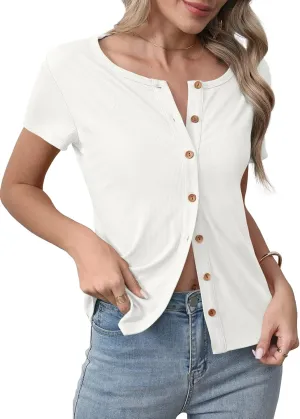 Womens Slim Fitted Cardigan Lightweight Summer Cardigans Short Sleeve Ribbed Tops Button Down Shirts