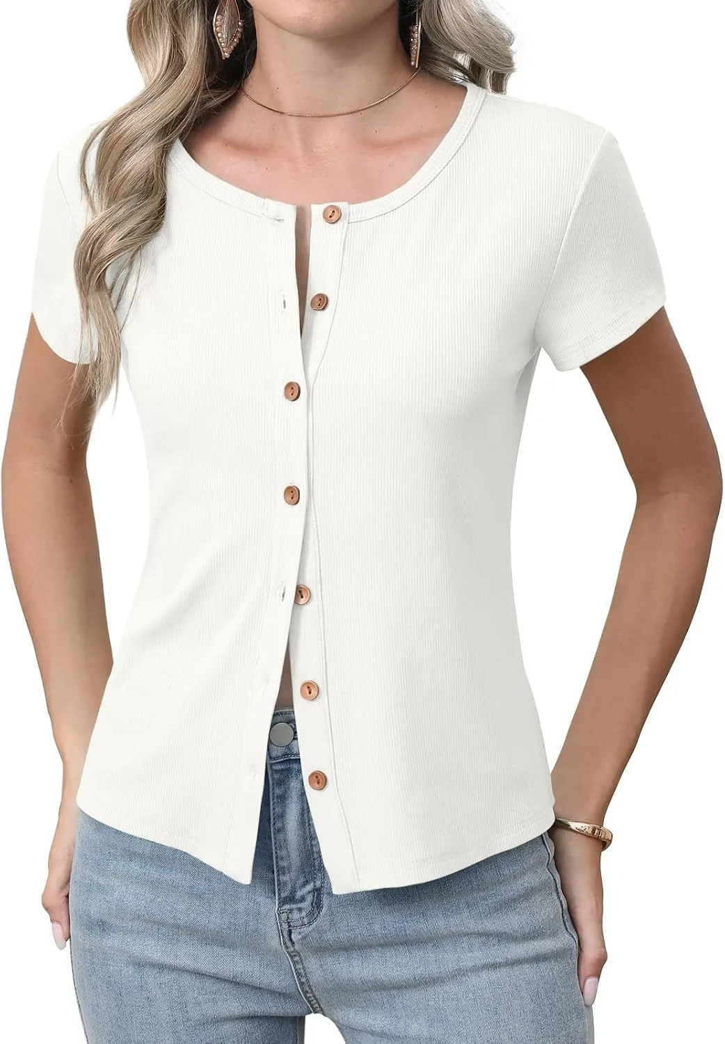 Womens Slim Fitted Cardigan Lightweight Summer Cardigans Short Sleeve Ribbed Tops Button Down Shirts