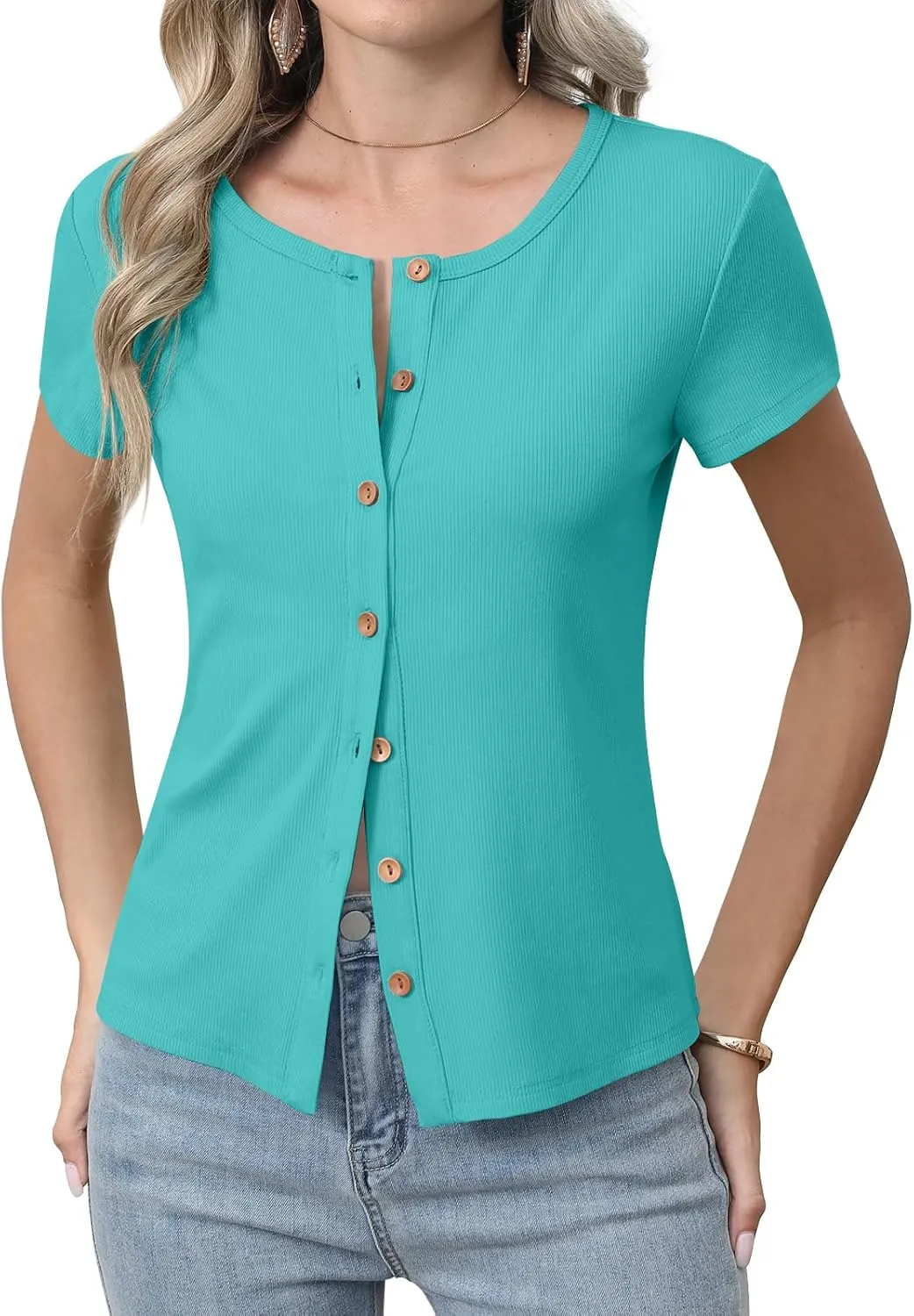 Womens Slim Fitted Cardigan Lightweight Summer Cardigans Short Sleeve Ribbed Tops Button Down Shirts