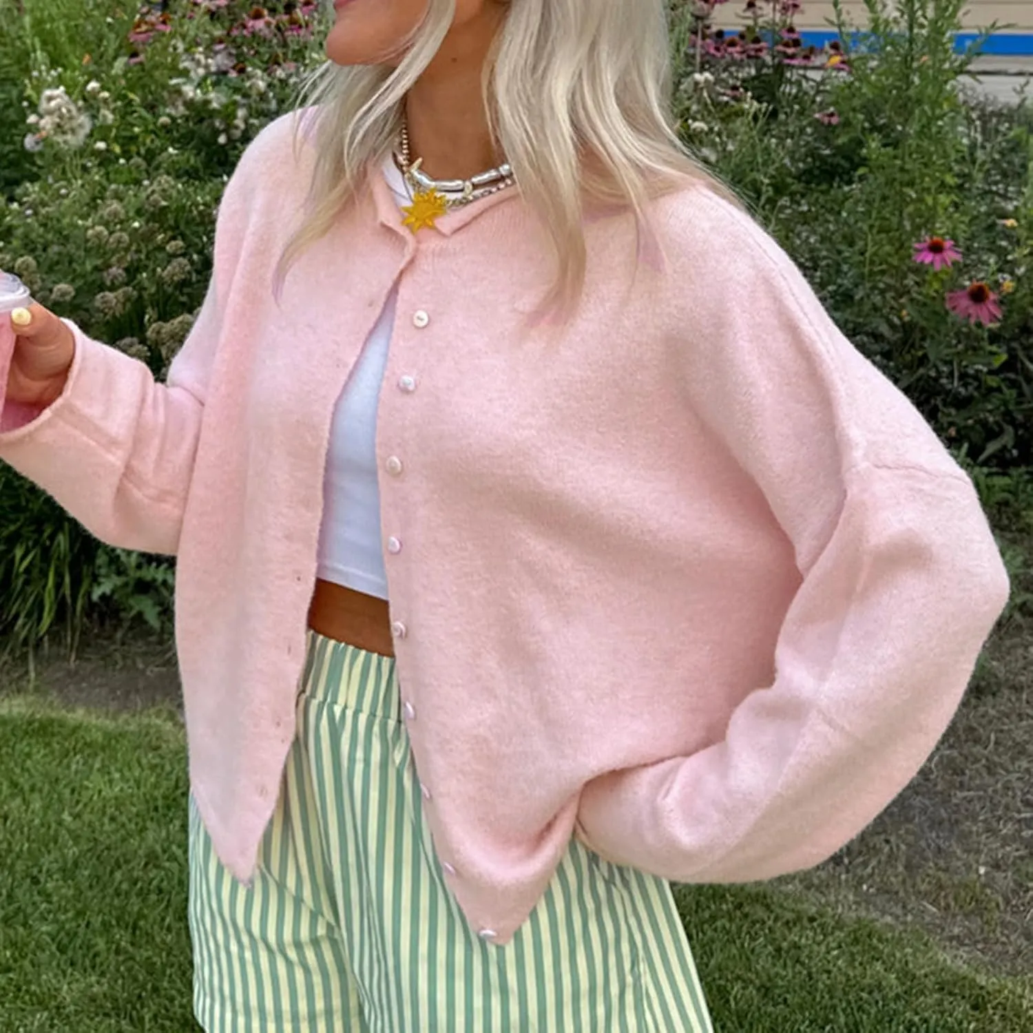 Women's Solid Color Fuzzy Knit Cardigan Long Sleeve Round Neck Sweaters Front Button Closure Rolled Hem Kniwear