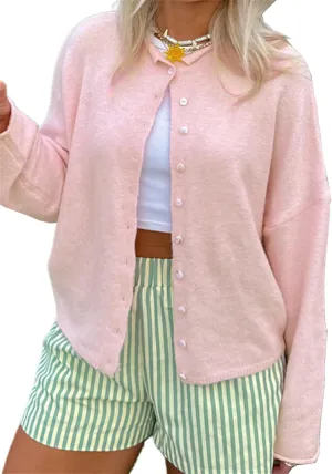 Women's Solid Color Fuzzy Knit Cardigan Long Sleeve Round Neck Sweaters Front Button Closure Rolled Hem Kniwear