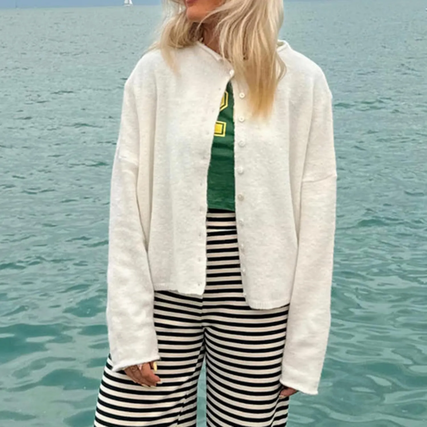 Women's Solid Color Fuzzy Knit Cardigan Long Sleeve Round Neck Sweaters Front Button Closure Rolled Hem Kniwear