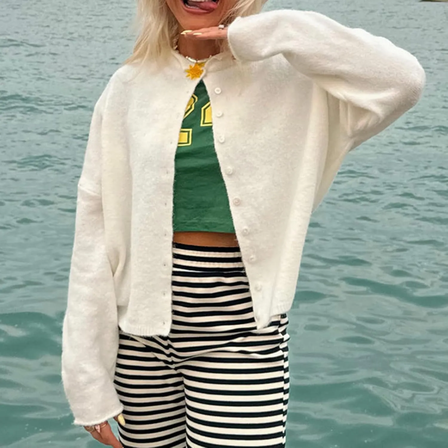 Women's Solid Color Fuzzy Knit Cardigan Long Sleeve Round Neck Sweaters Front Button Closure Rolled Hem Kniwear