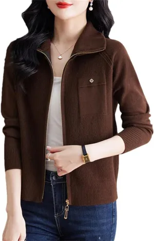 Women's Spring Autumn Zipper Lapel Knitting Sweater Cardigan Long Sleeve Elegant Loose Knitwear Jacket Tops