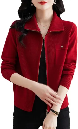 Women's Spring Autumn Zipper Lapel Knitting Sweater Cardigan Long Sleeve Elegant Loose Knitwear Jacket Tops