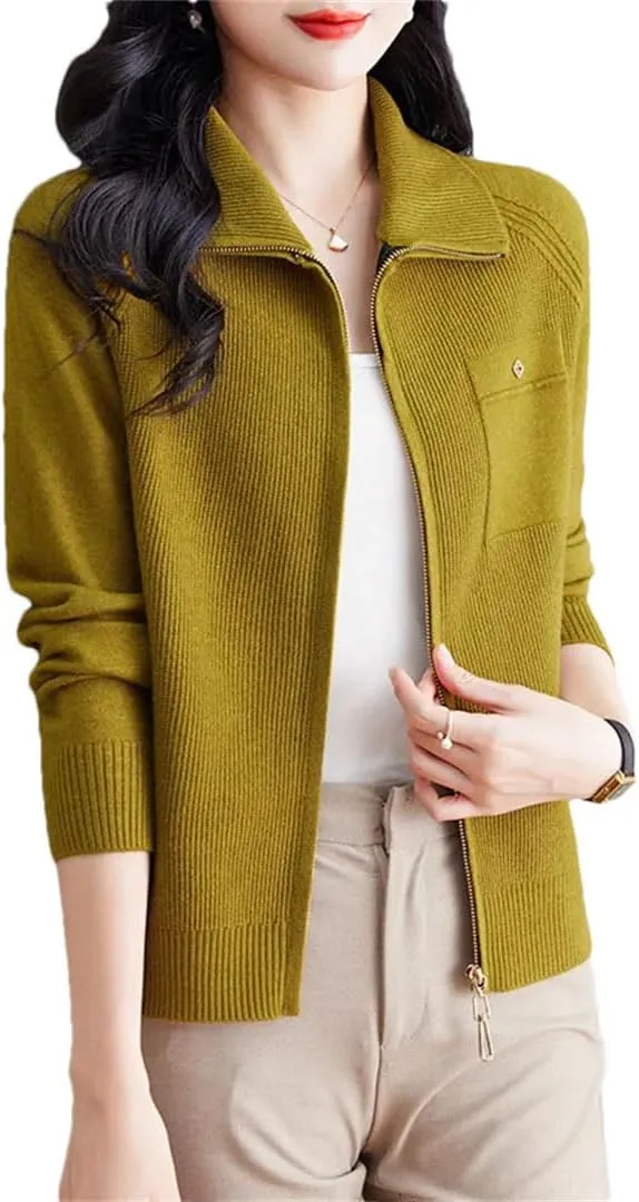 Women's Spring Autumn Zipper Lapel Knitting Sweater Cardigan Long Sleeve Elegant Loose Knitwear Jacket Tops
