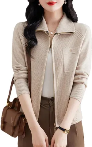 Women's Spring Autumn Zipper Lapel Knitting Sweater Cardigan Long Sleeve Elegant Loose Knitwear Jacket Tops