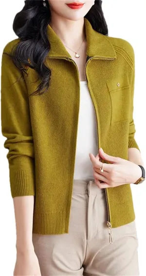 Women's Spring Autumn Zipper Lapel Knitting Sweater Cardigan Long Sleeve Elegant Loose Knitwear Jacket Tops