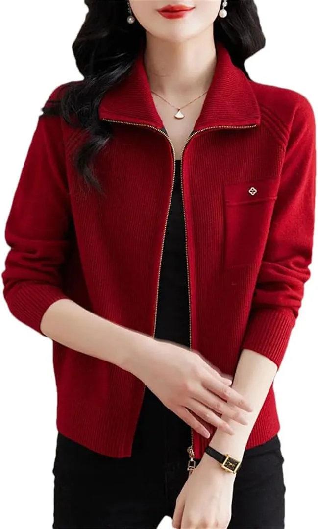 Women's Spring Autumn Zipper Lapel Knitting Sweater Cardigan Long Sleeve Elegant Loose Knitwear Jacket Tops