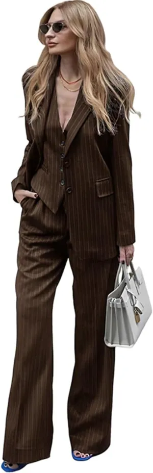 Women's Stripes 3 Piece Suits Slim Fit Office Lady Business Blazer Jacket Vest Pant Outfits