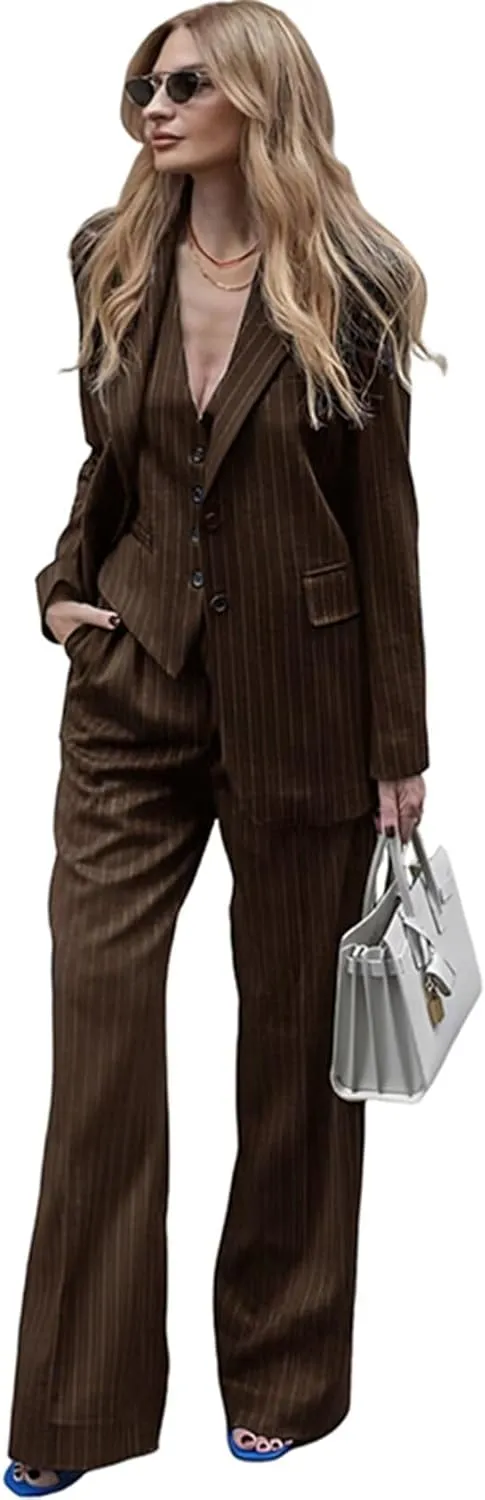 Women's Stripes 3 Piece Suits Slim Fit Office Lady Business Blazer Jacket Vest Pant Outfits