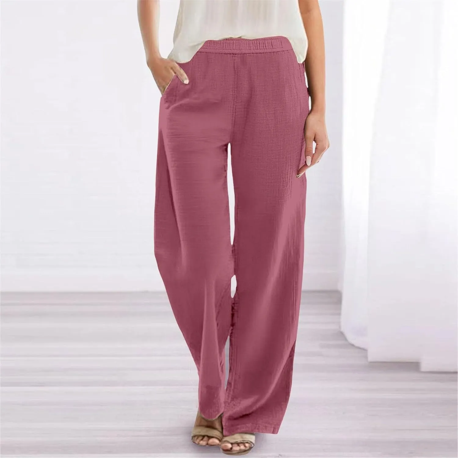 Womens Summer Fashion Linen Pants Solid Casual High Waist Loose Fitness Elastic Waist Trousers with Pockets