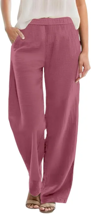 Womens Summer Fashion Linen Pants Solid Casual High Waist Loose Fitness Elastic Waist Trousers with Pockets