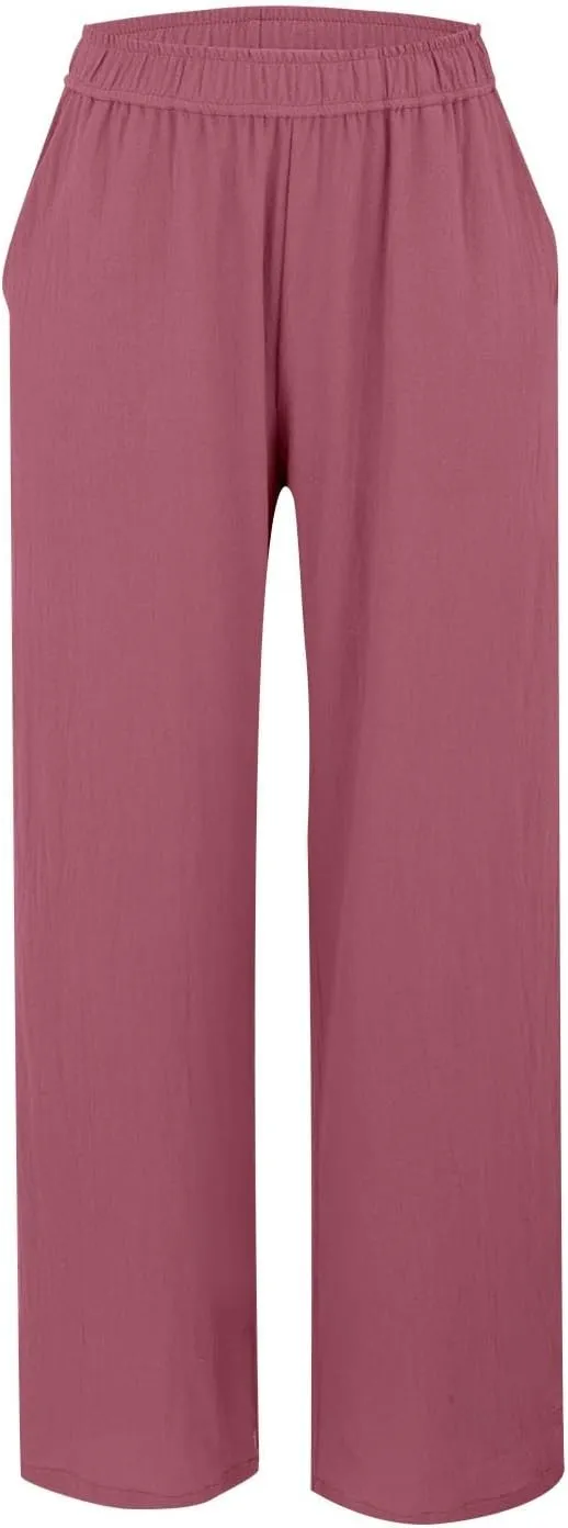 Womens Summer Fashion Linen Pants Solid Casual High Waist Loose Fitness Elastic Waist Trousers with Pockets