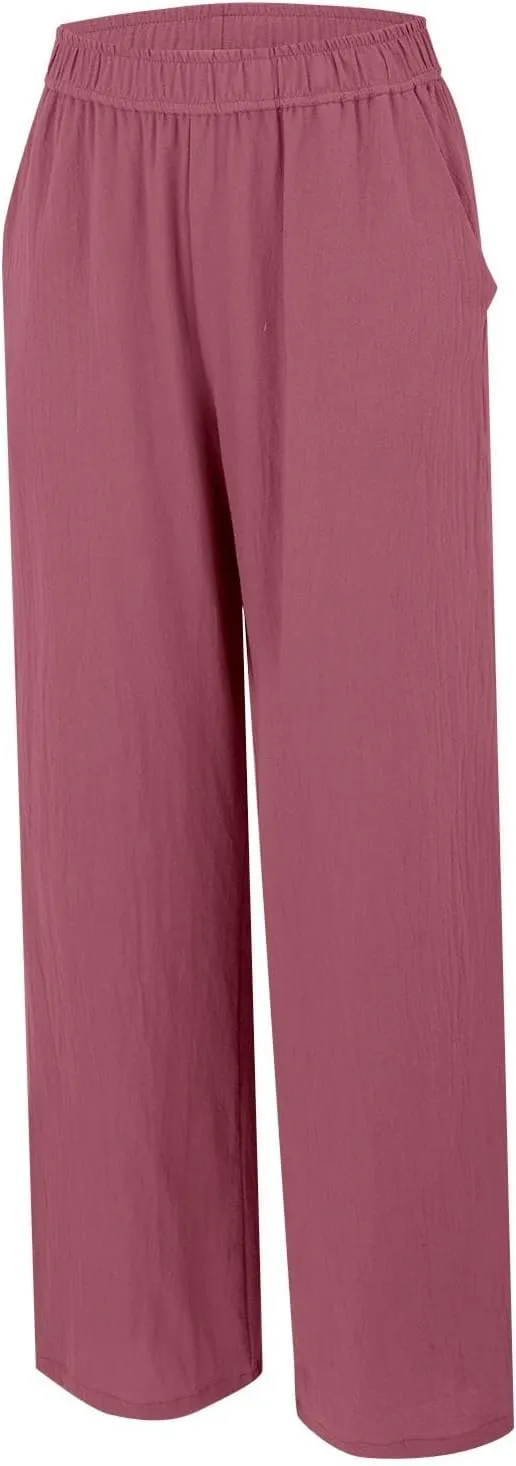 Womens Summer Fashion Linen Pants Solid Casual High Waist Loose Fitness Elastic Waist Trousers with Pockets
