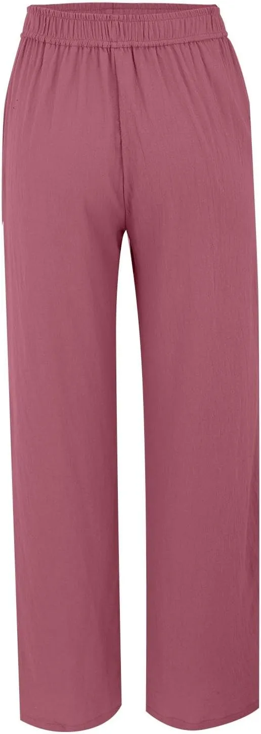 Womens Summer Fashion Linen Pants Solid Casual High Waist Loose Fitness Elastic Waist Trousers with Pockets
