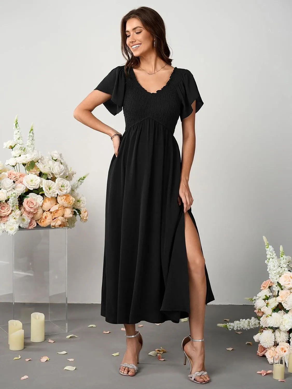 Women's Summer Flutter Sleeve Smocked Midi Dress V Neck Casual Beach Dresses