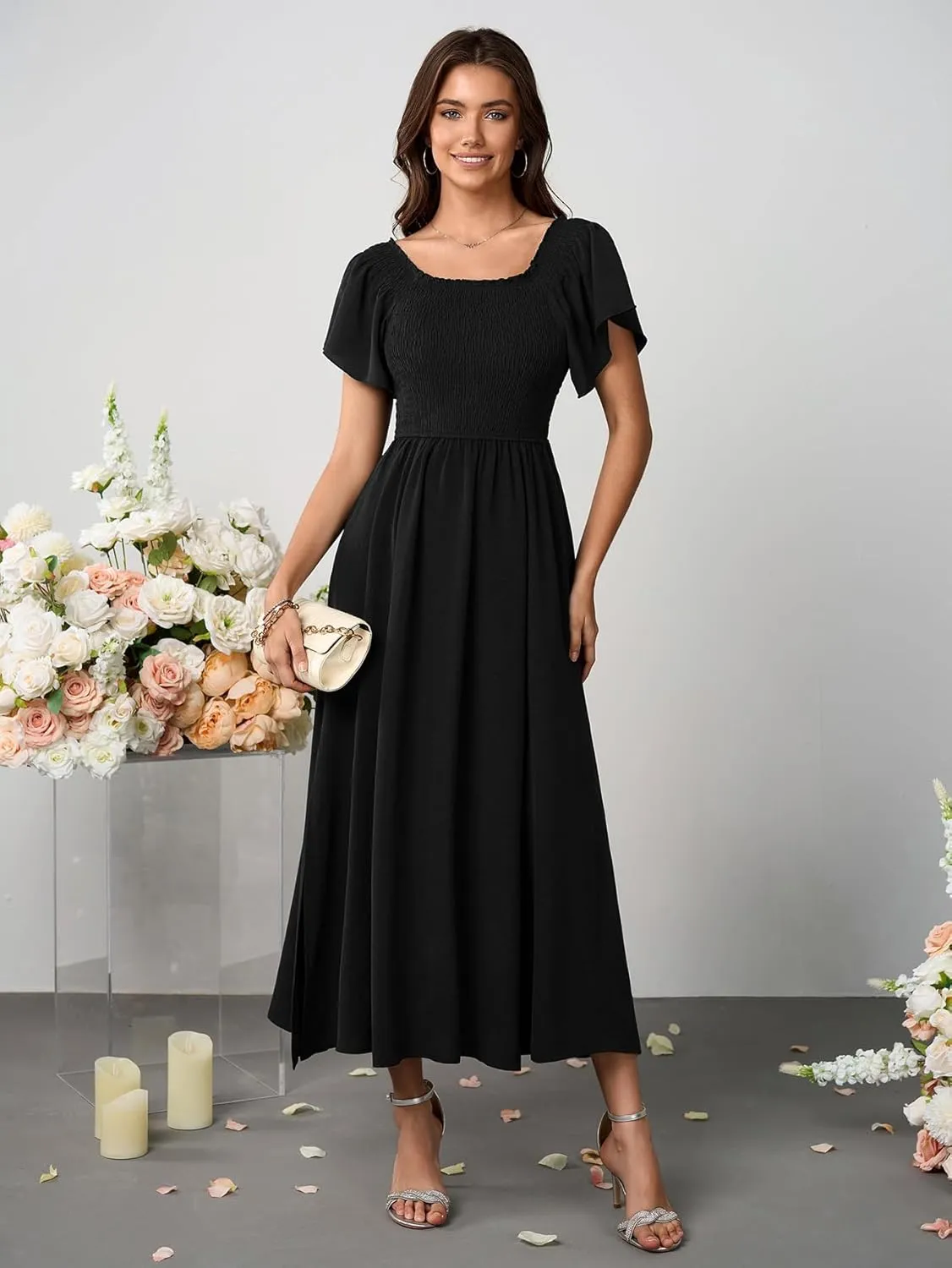 Women's Summer Flutter Sleeve Smocked Midi Dress V Neck Casual Beach Dresses