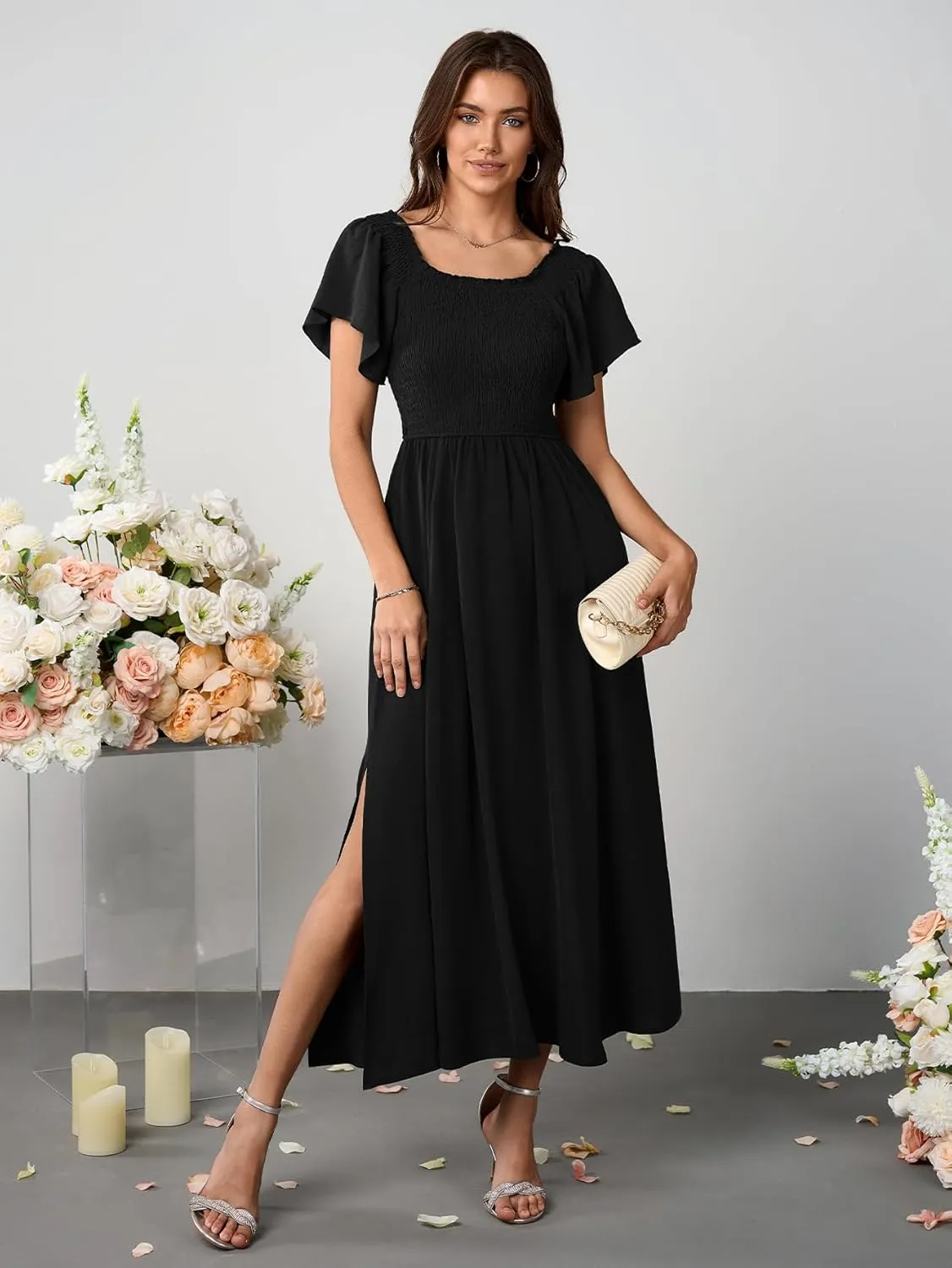 Women's Summer Flutter Sleeve Smocked Midi Dress V Neck Casual Beach Dresses