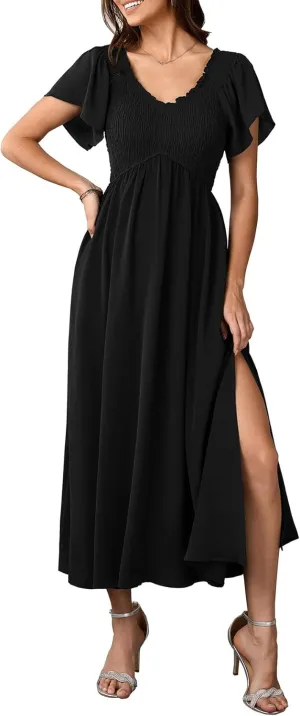 Women's Summer Flutter Sleeve Smocked Midi Dress V Neck Casual Beach Dresses