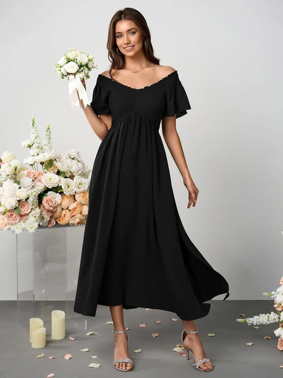 Women's Summer Flutter Sleeve Smocked Midi Dress V Neck Casual Beach Dresses
