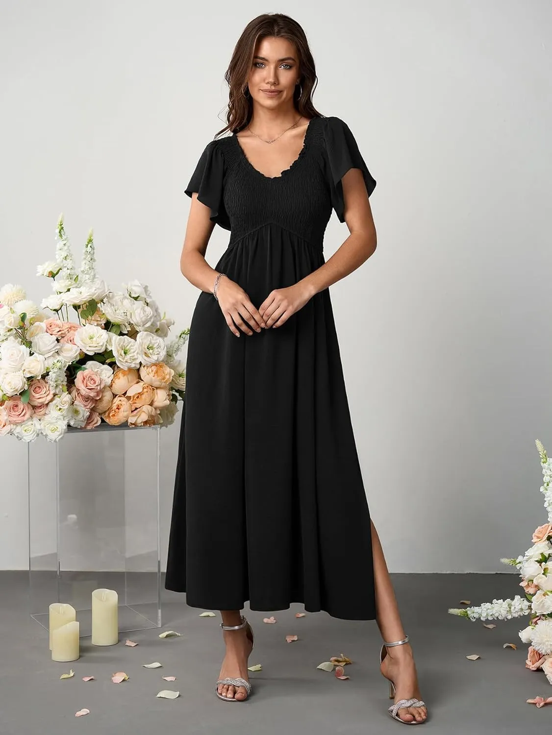 Women's Summer Flutter Sleeve Smocked Midi Dress V Neck Casual Beach Dresses