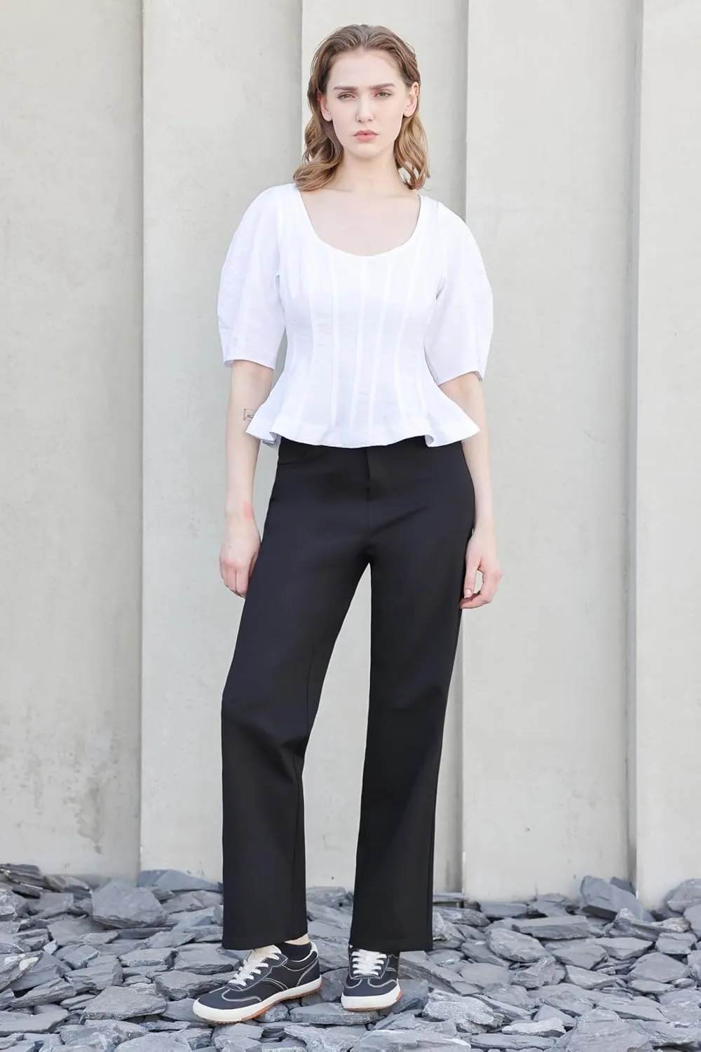 Work Pants Women Dress Pants High Waisted Stretchy Straight Leg Trousers Business Casual Pull On Slacks with Pockets 29"