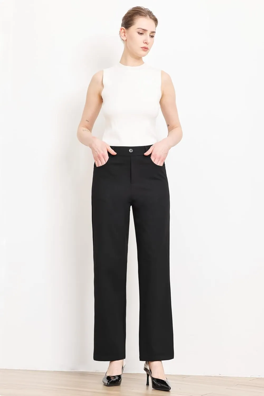 Work Pants Women Dress Pants High Waisted Stretchy Straight Leg Trousers Business Casual Pull On Slacks with Pockets 29"