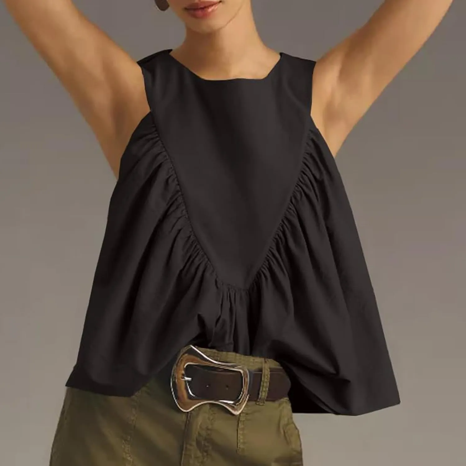 WOWULOVELY Womens Peplum Babydoll Tops Shirred Swing Tank Summer Sleeveless Pleated Flowy Vest Loose Ruffled Casual T-Shirts